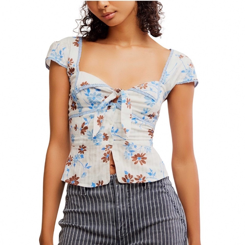 Free People Ivory Floral Tie-Front Peplum Top